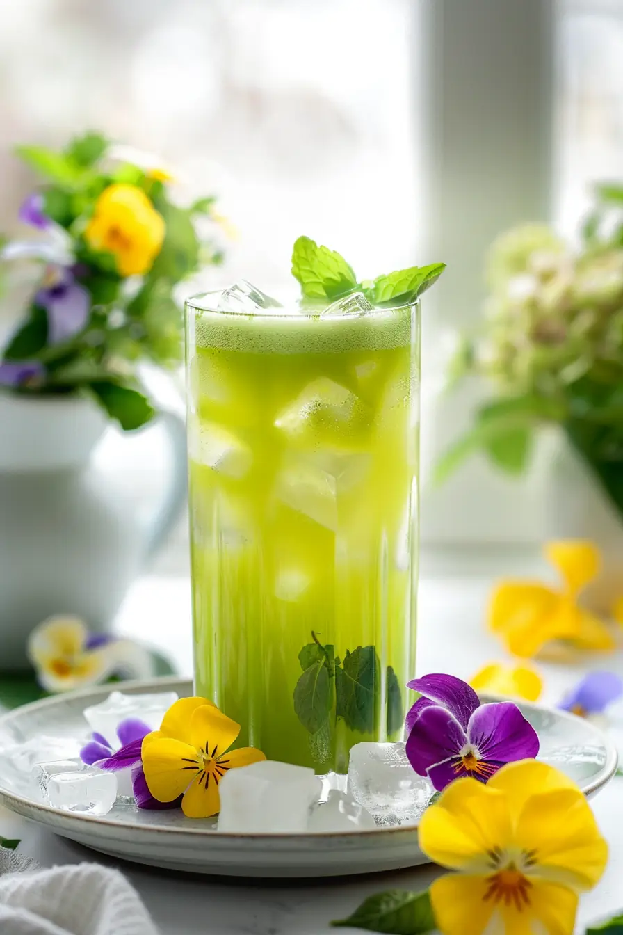 Final serving of matcha lemonade recipe with mint leaves and flowers
