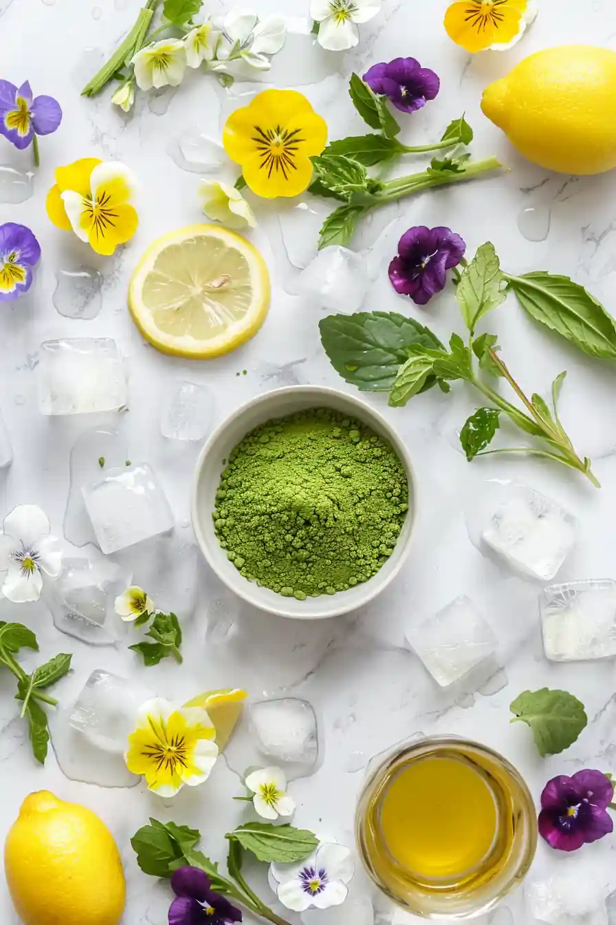 Flat lay of matcha lemonade recipe ingredients with matcha, lemon, and syrup
