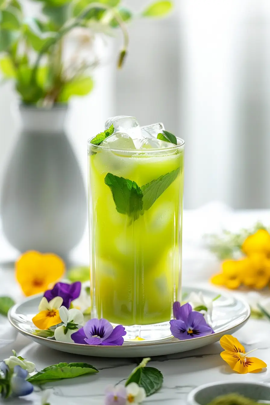 Iced matcha lemonade recipe in a glass with mint and floral garnish