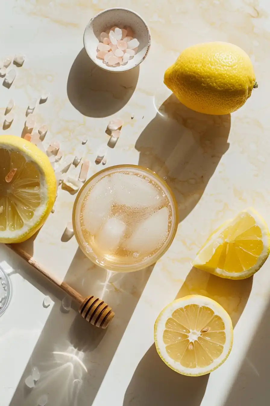 Detox water glass with ice, lemon slices, and honey dipper