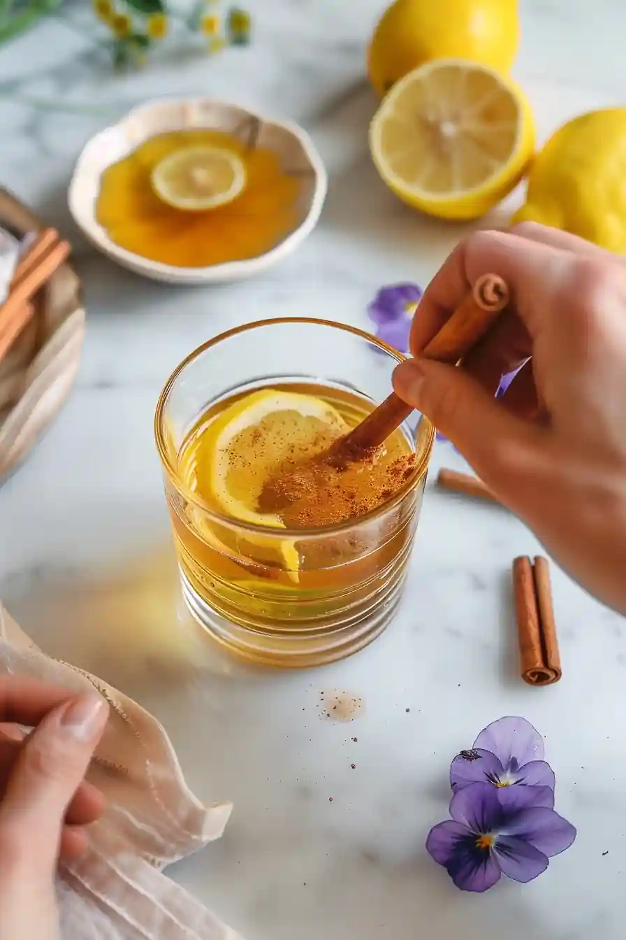Hands stirring an apple cider vinegar drink with cinnamon and lemon in a clear glass