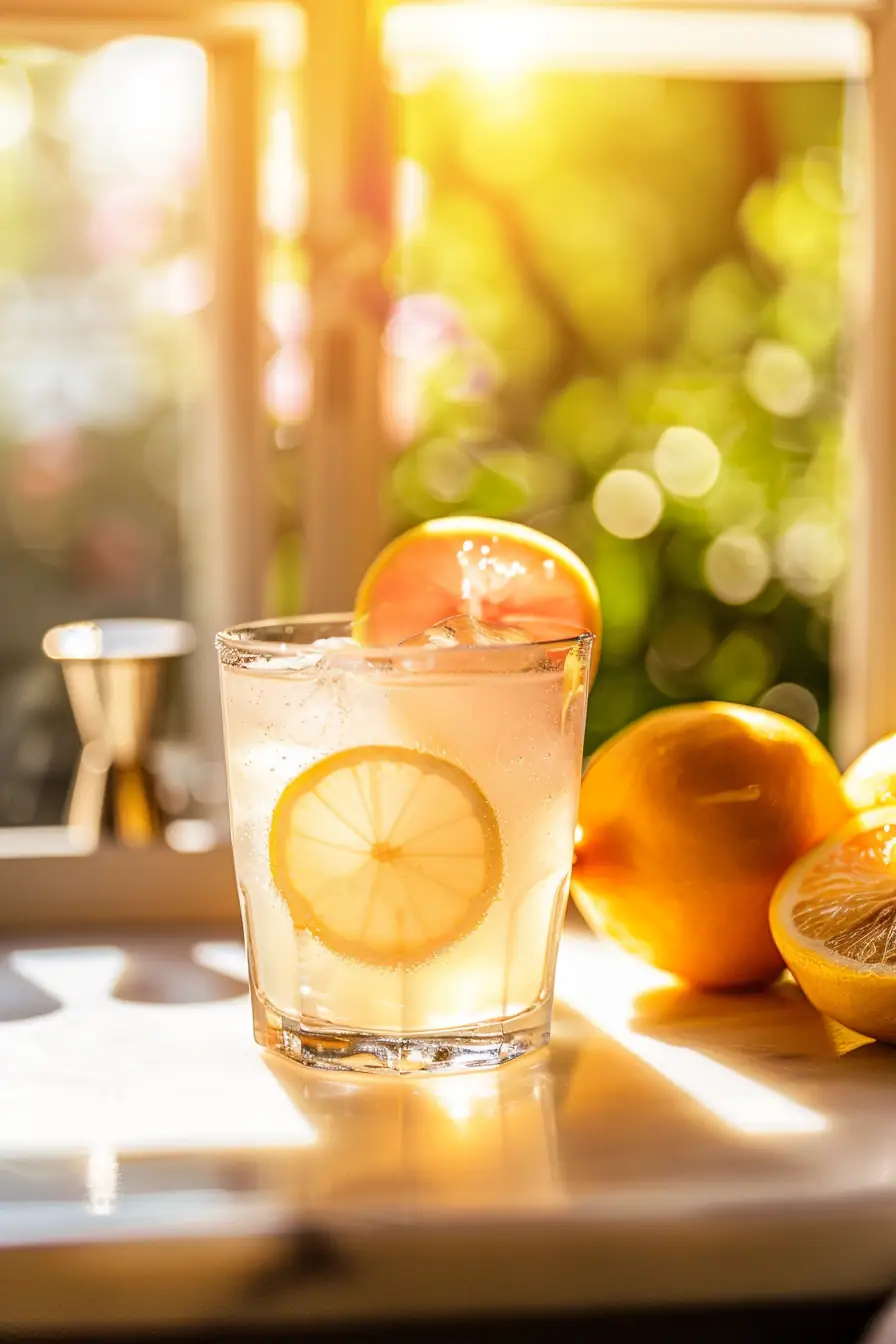 Glass of salt and lemon drink glowing in morning sunlight