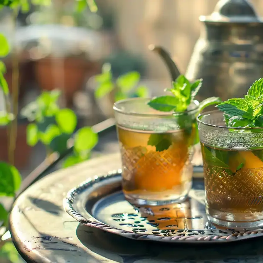 Moroccan mint tea served in traditional glasses on a silver tray in a garden