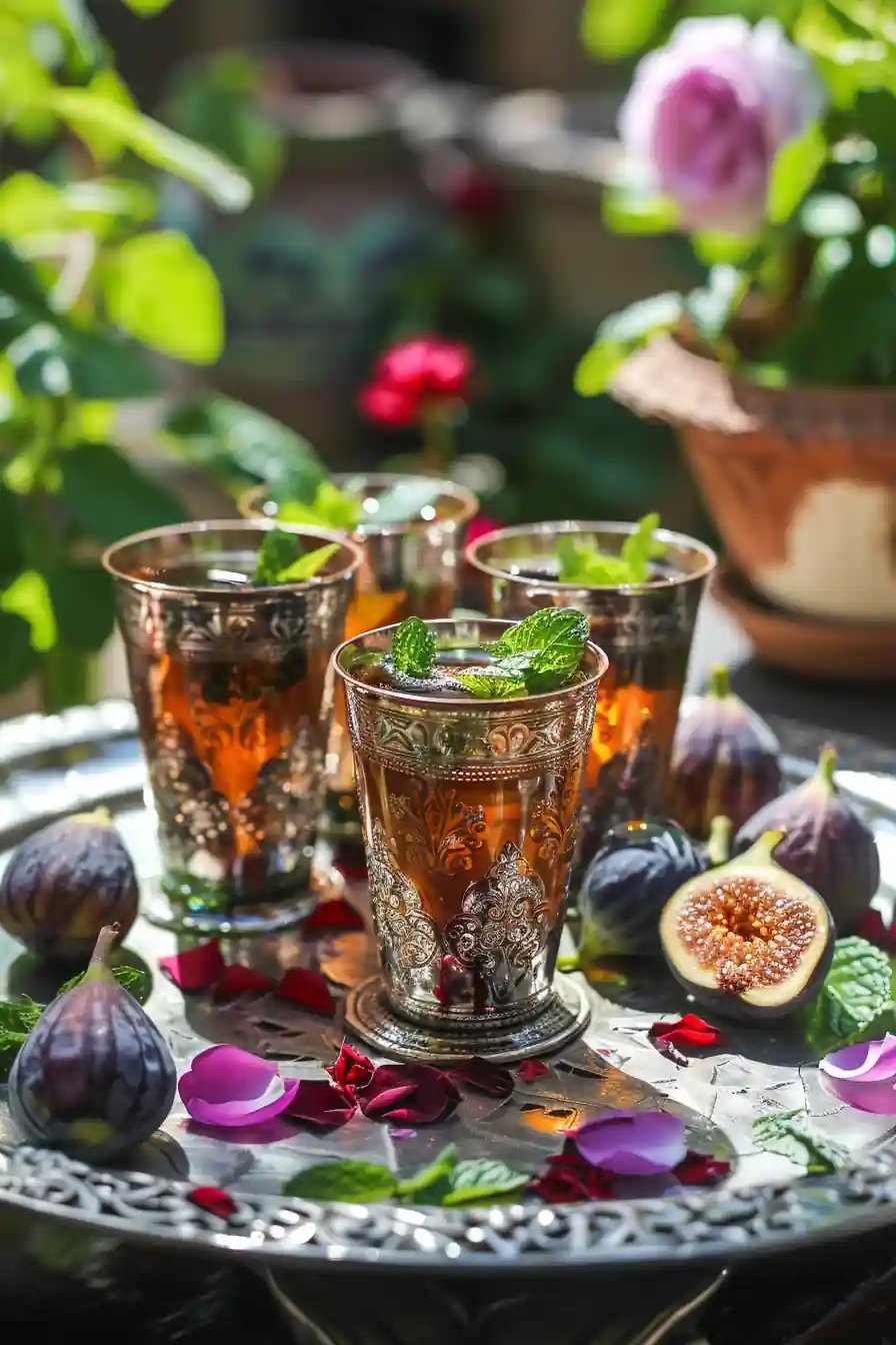 Moroccan mint tea glasses served with figs in a floral outdoor setting