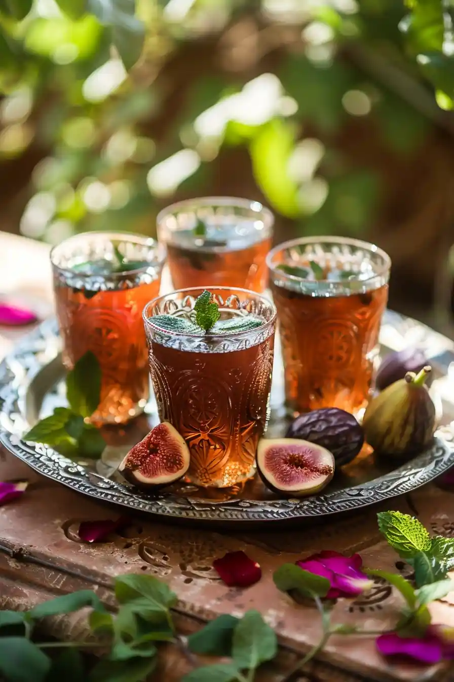 Moroccan mint tea served with fresh figs and rose petals