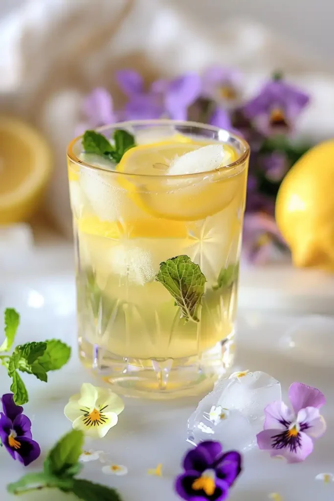 The 4-Ingredient Natural Mounjaro Recipe 10 Natural mounjaro recipe drink in a serving glass with lemon and mint, surrounded by edible flowers.
