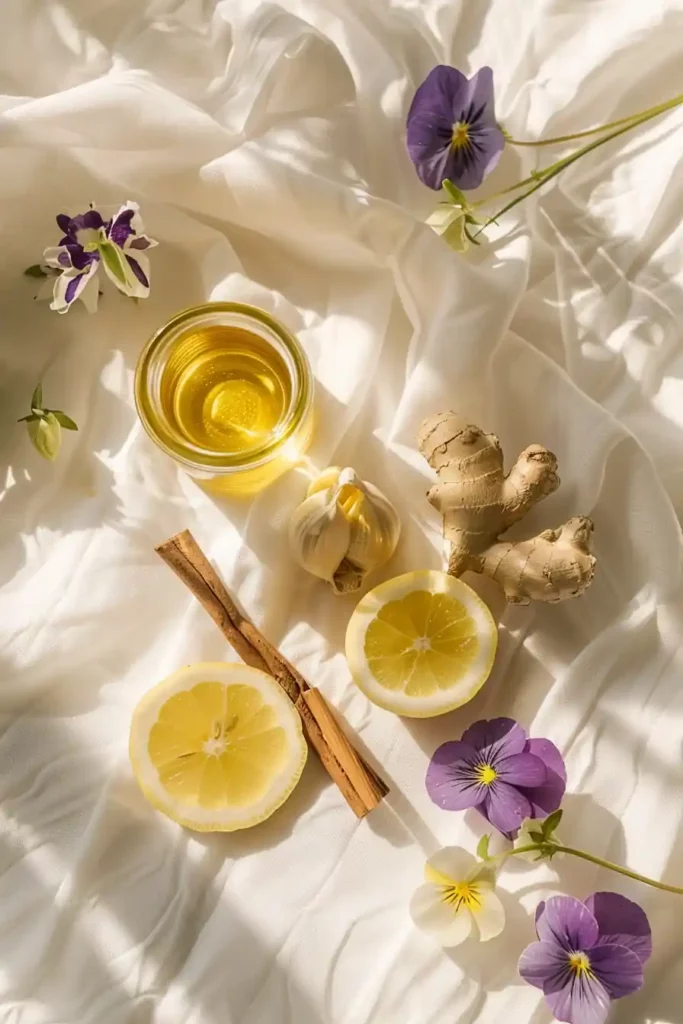 TikTok Olive Oil and Lemon Juice Shot 7 Olive oil and lemon juice with cinnamon and ginger styled on white linen with flowers