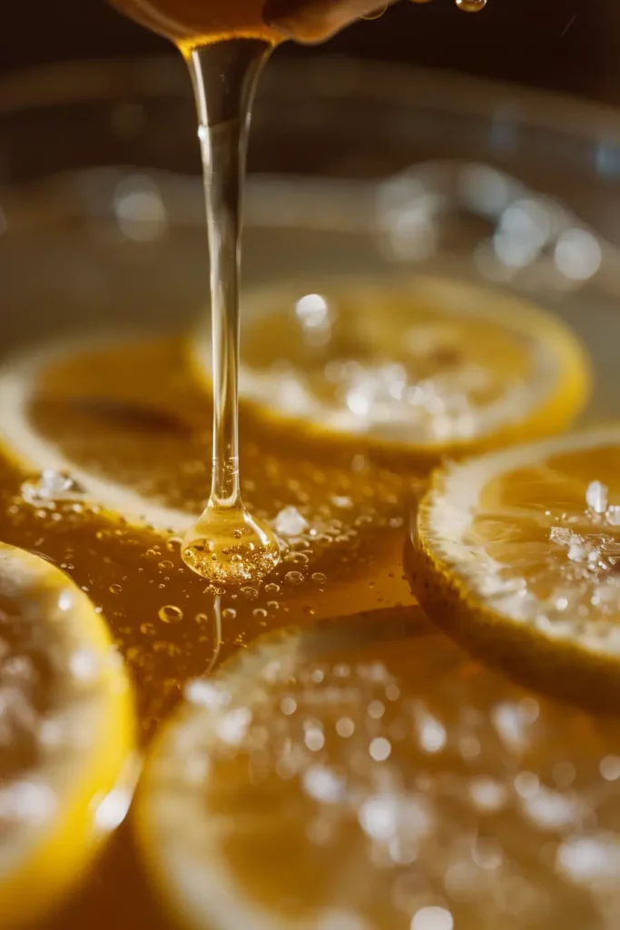 Pink Salt and Ice Trick Recipe: Simple Wellness Drink or Hype? 8 Honey drizzling over lemon slices in the pink salt and ice trick