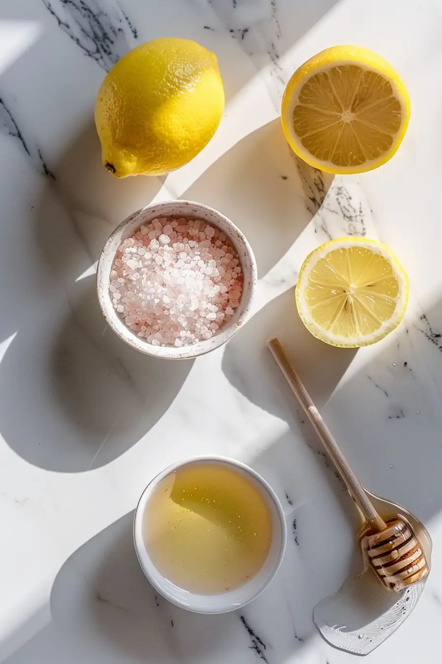 Ingredients for wellness drink including pink salt, lemon, and honey