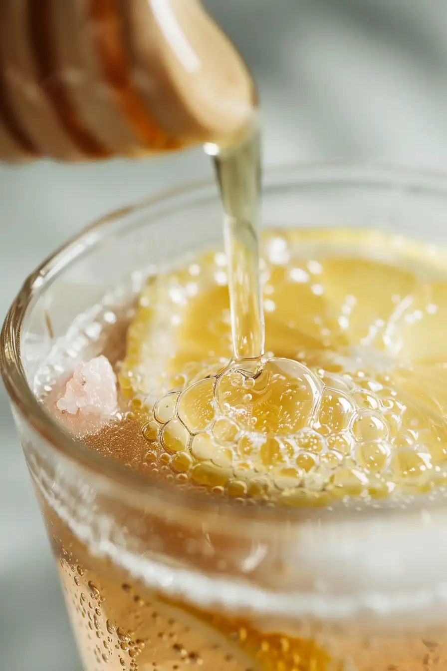 Honey being poured into a pink salt and vinegar weight loss drink