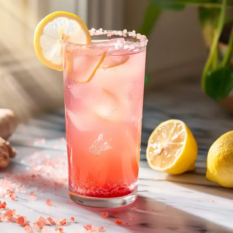 Pink salt and vinegar weight loss drink in sunlight with lemon