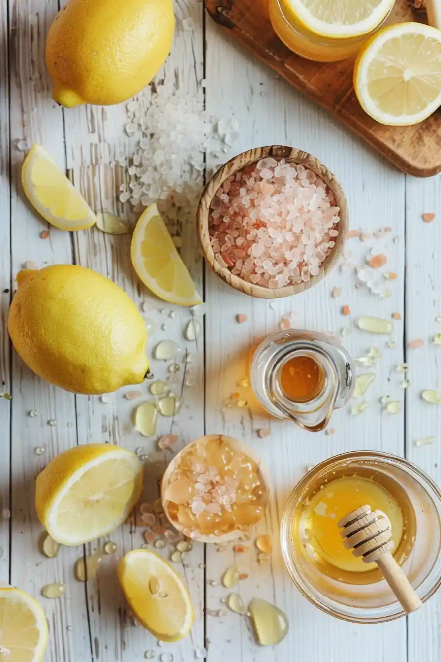 Ingredients for making a lemon and pink salt detox drink