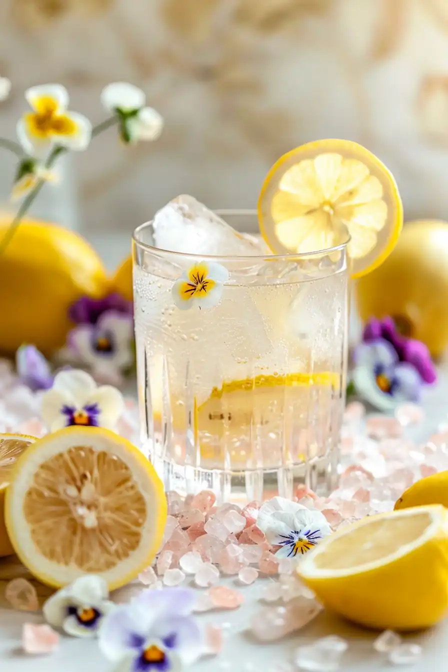 pink salt recipe to lose weight in a glass with floral garnish