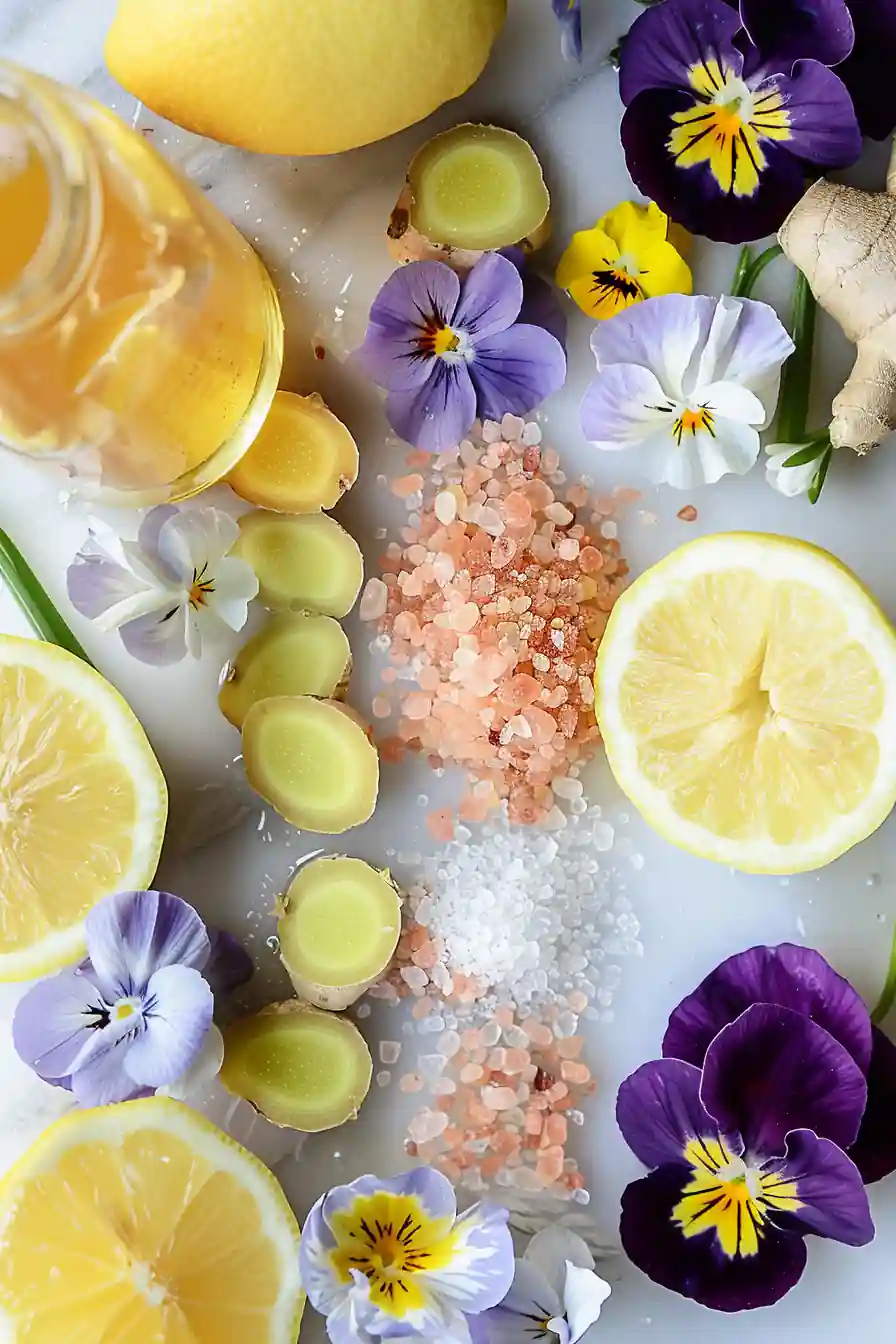 Ingredients for pink salt trick recipe including lemon, honey, and ginger