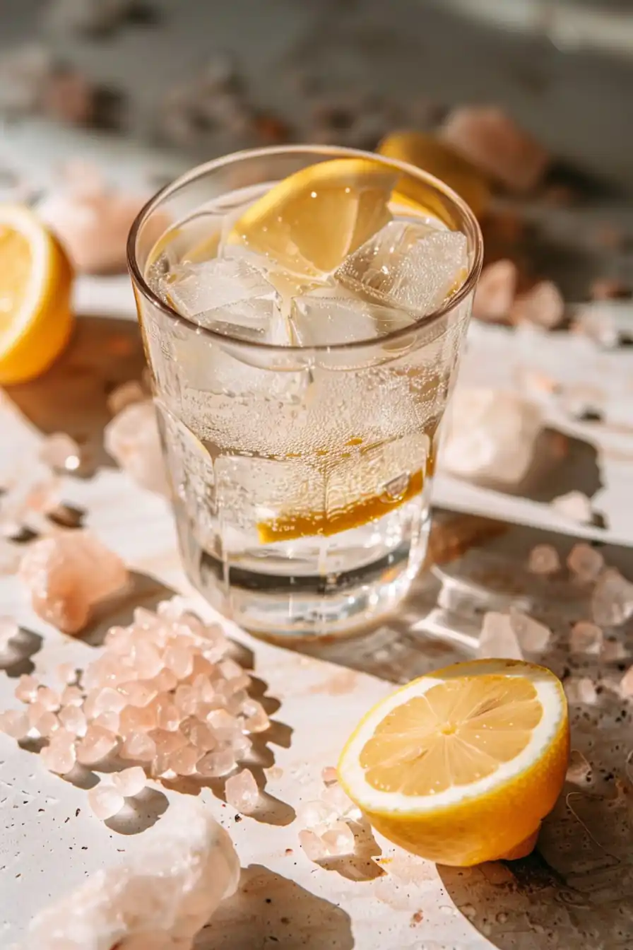 Close-up of the pink salt weight loss recipe drink with lemon, placed on Himalayan salt rocks.