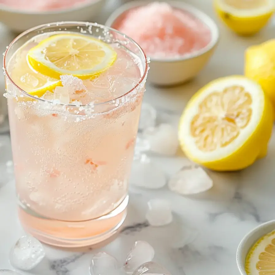 Chilled pink salt weight loss recipe drink with lemon and ice, set against a background of sliced lemons.