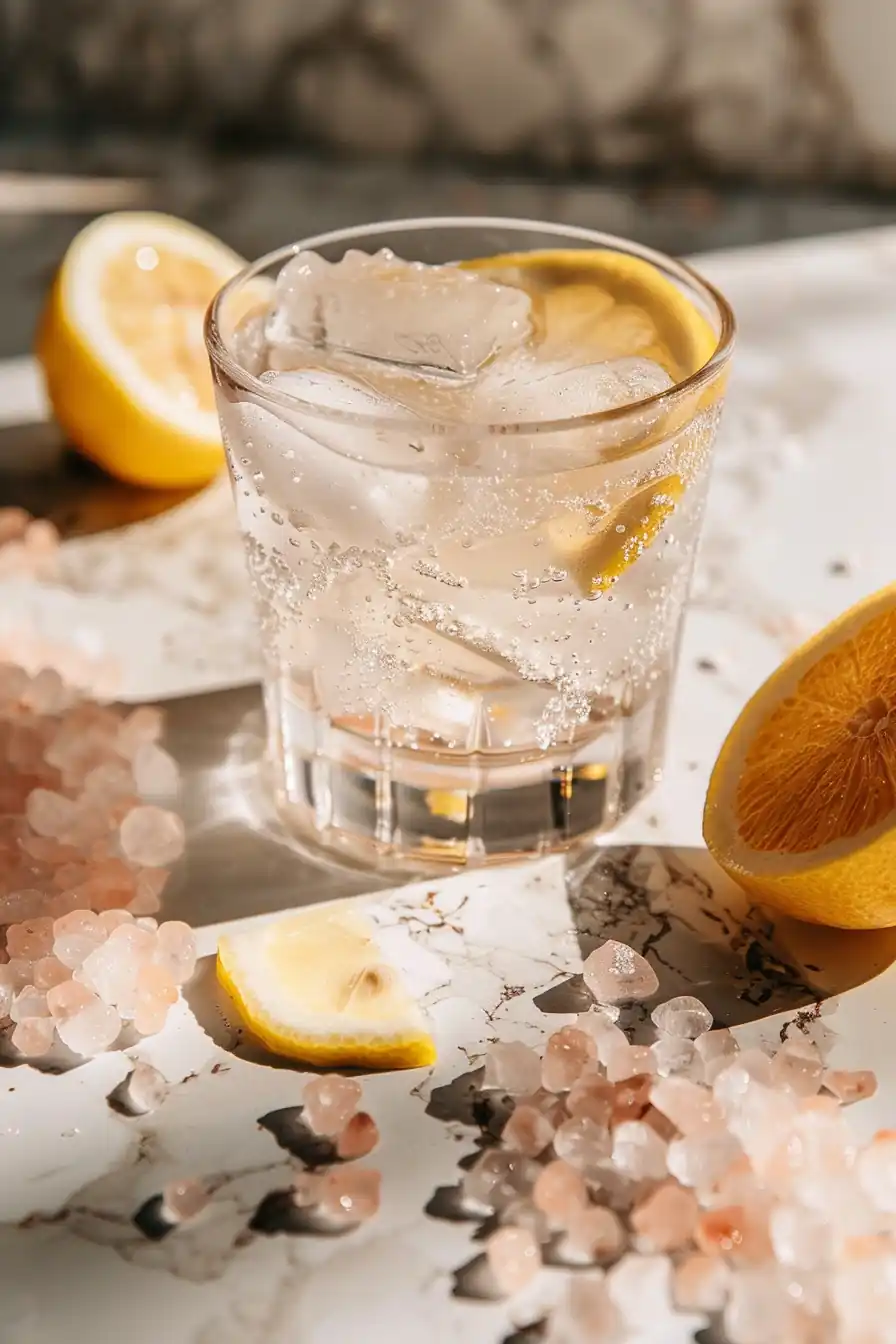Glass of the pink salt weight loss recipe drink placed on a surface covered with Himalayan salt and lemon wedges.