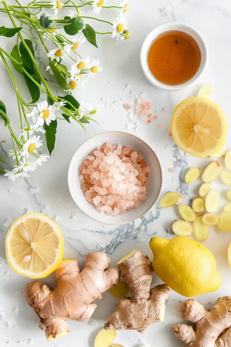 Flat lay of pink salt weight loss recipe ingredients: Himalayan salt, lemon, honey, and ginger.