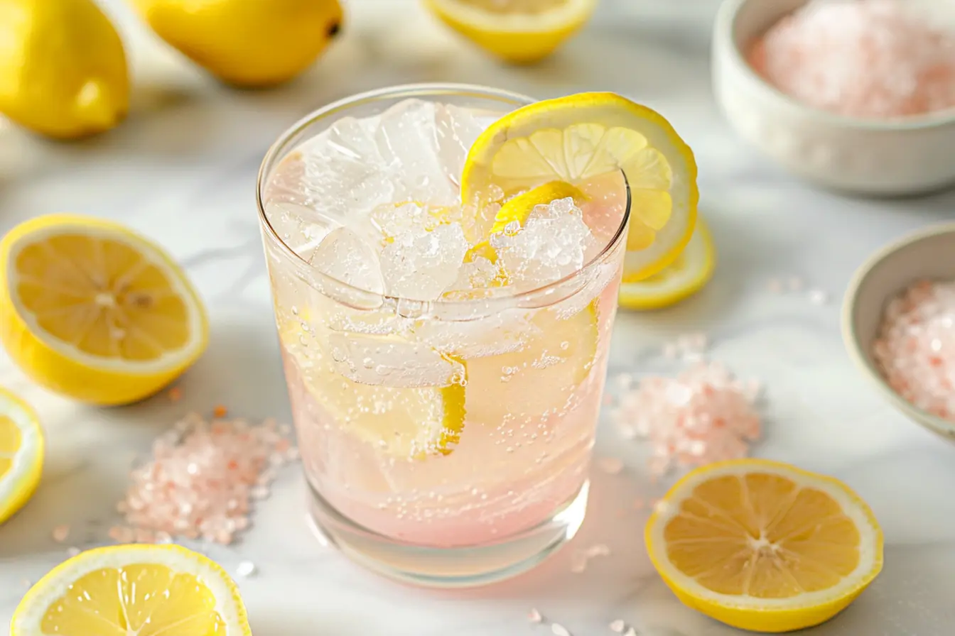 Glass of lemon water prepared for the pink salt weight loss recipe with Himalayan salt and fresh lemons.