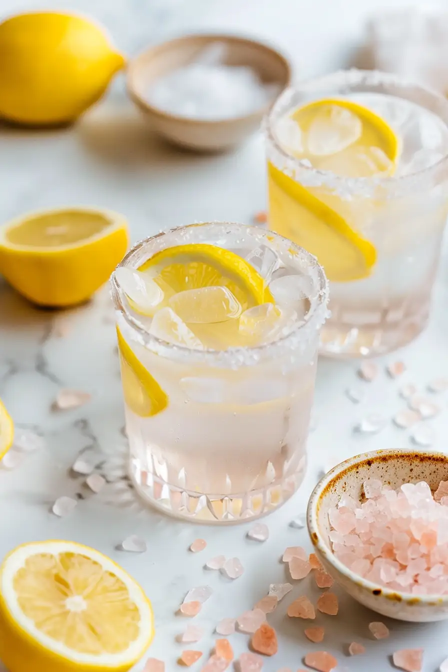 Two glasses of the pink salt weight loss recipe drink with lemon, pink salt crystals scattered around.