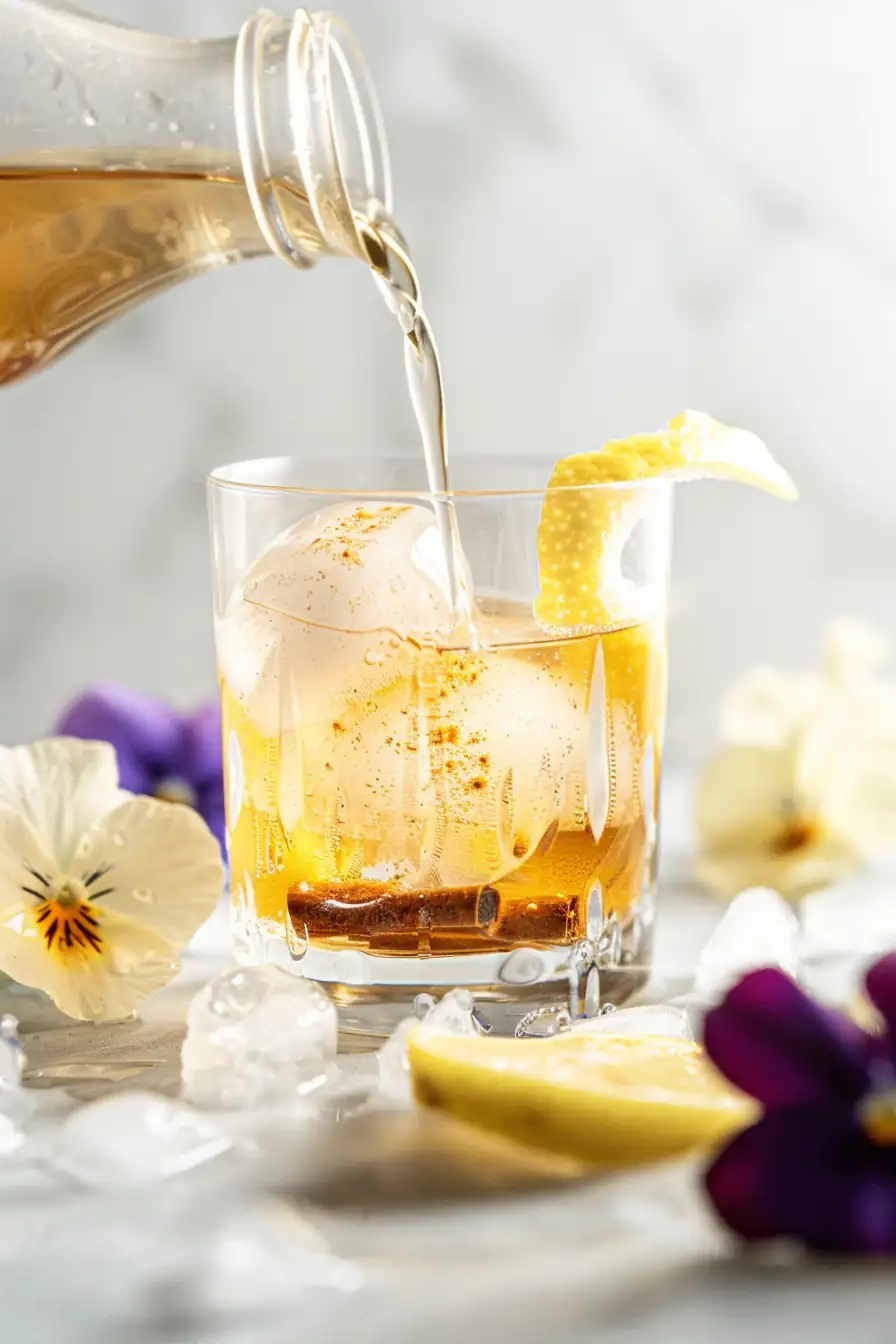 Pouring an apple cider vinegar for weight loss recipe into a glass over ice, with lemon slices nearby