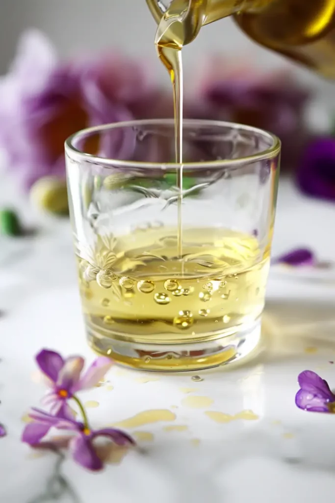 TikTok Olive Oil and Lemon Juice Shot 9 Golden olive oil being poured into lemon juice in a clear glass