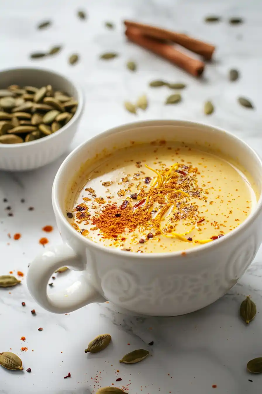 Pumpkin seed tea for weight loss in a white cup with spices on the table
