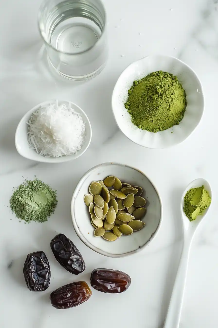 Ingredients for a pumpkin seed weight loss drink recipe on a white counter