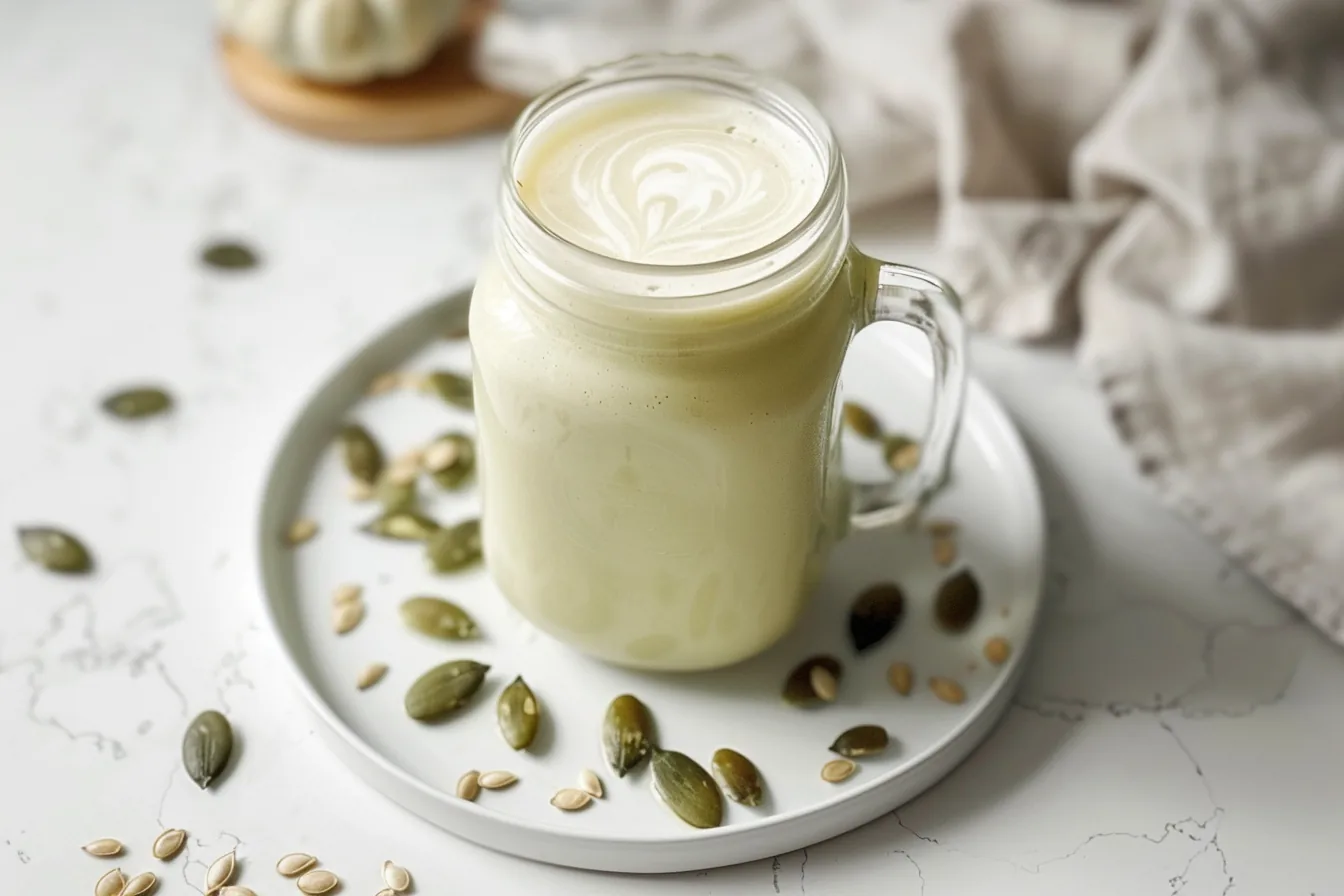 Creamy pumpkin seed weight loss drink recipe in a jar with pumpkin seeds