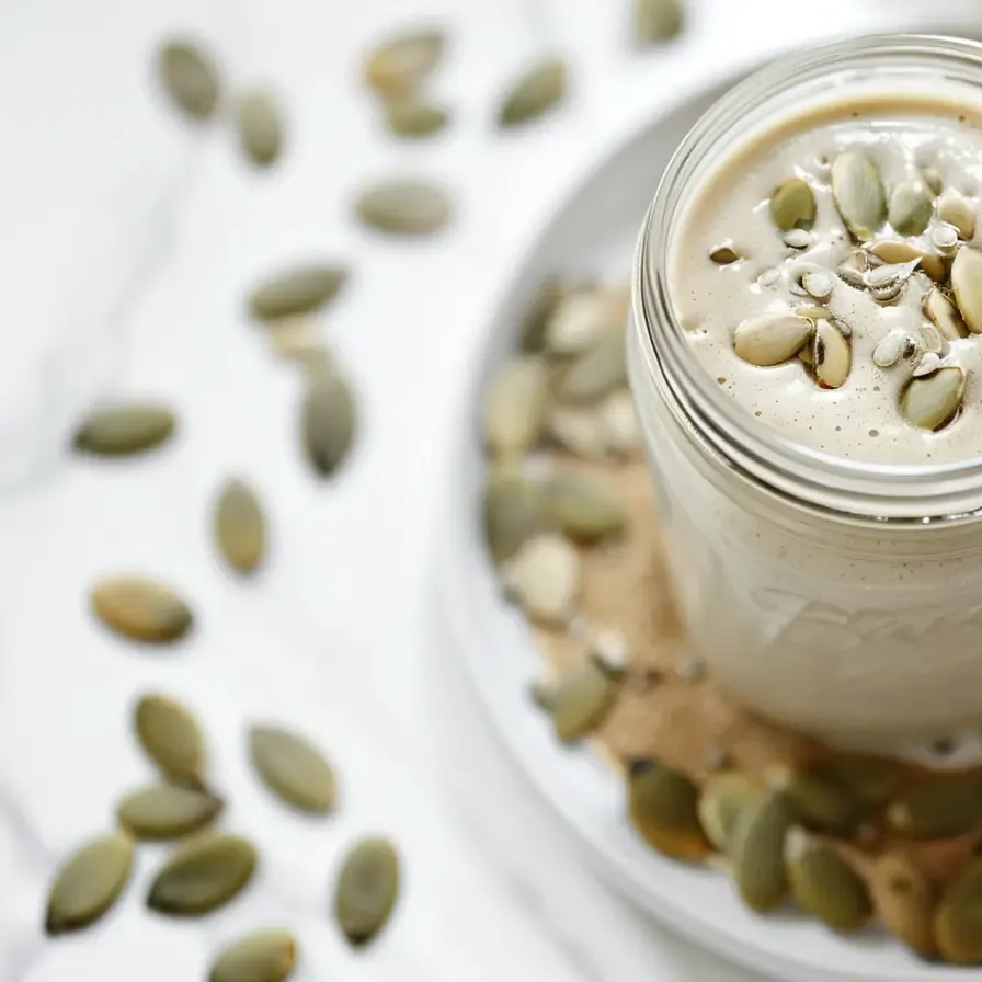 Pumpkin seed weight loss drink recipe served in a glass with pumpkin seeds on top