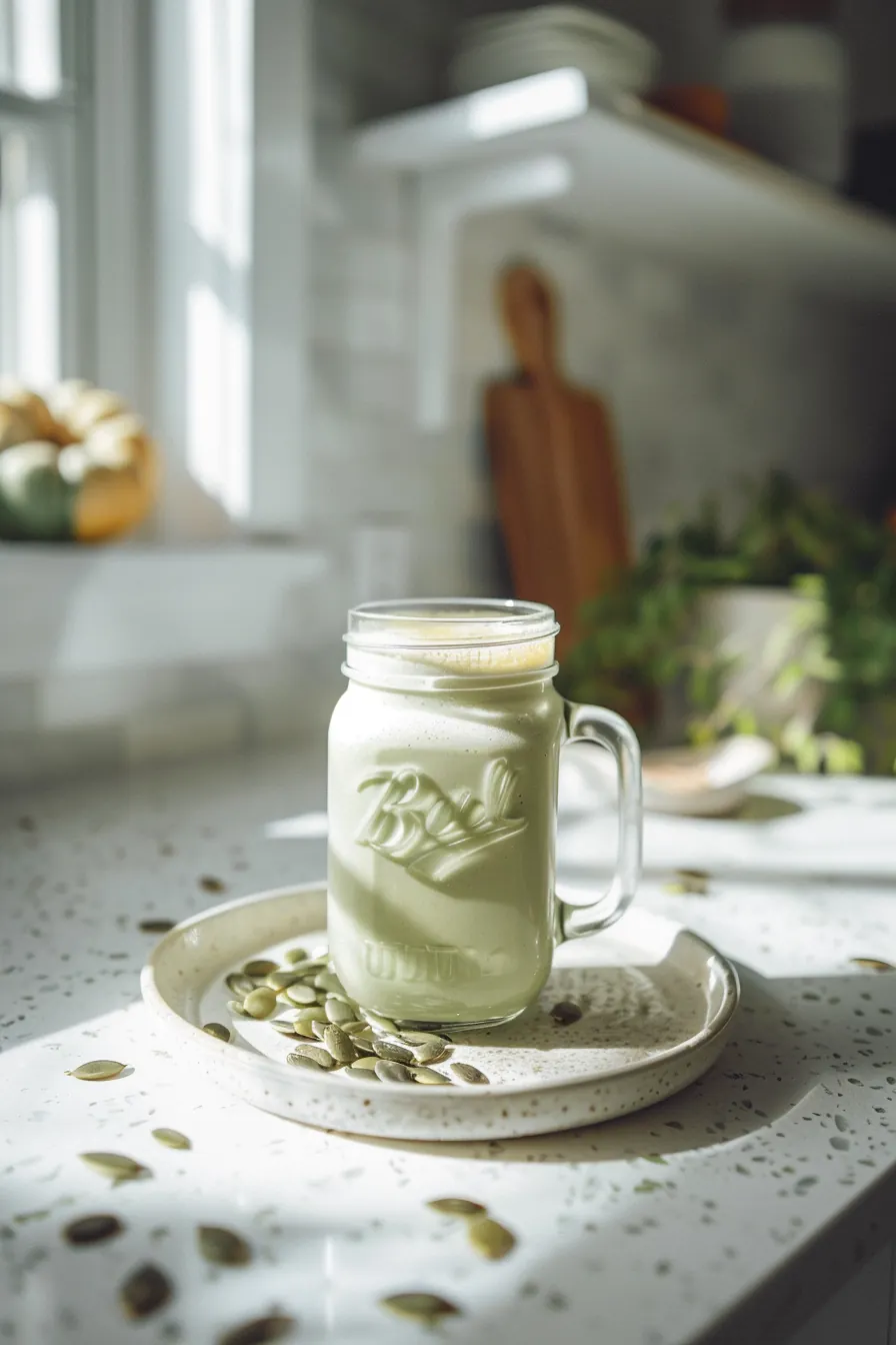 Pumpkin seed weight loss drink recipe in a glass jar on a white kitchen counter