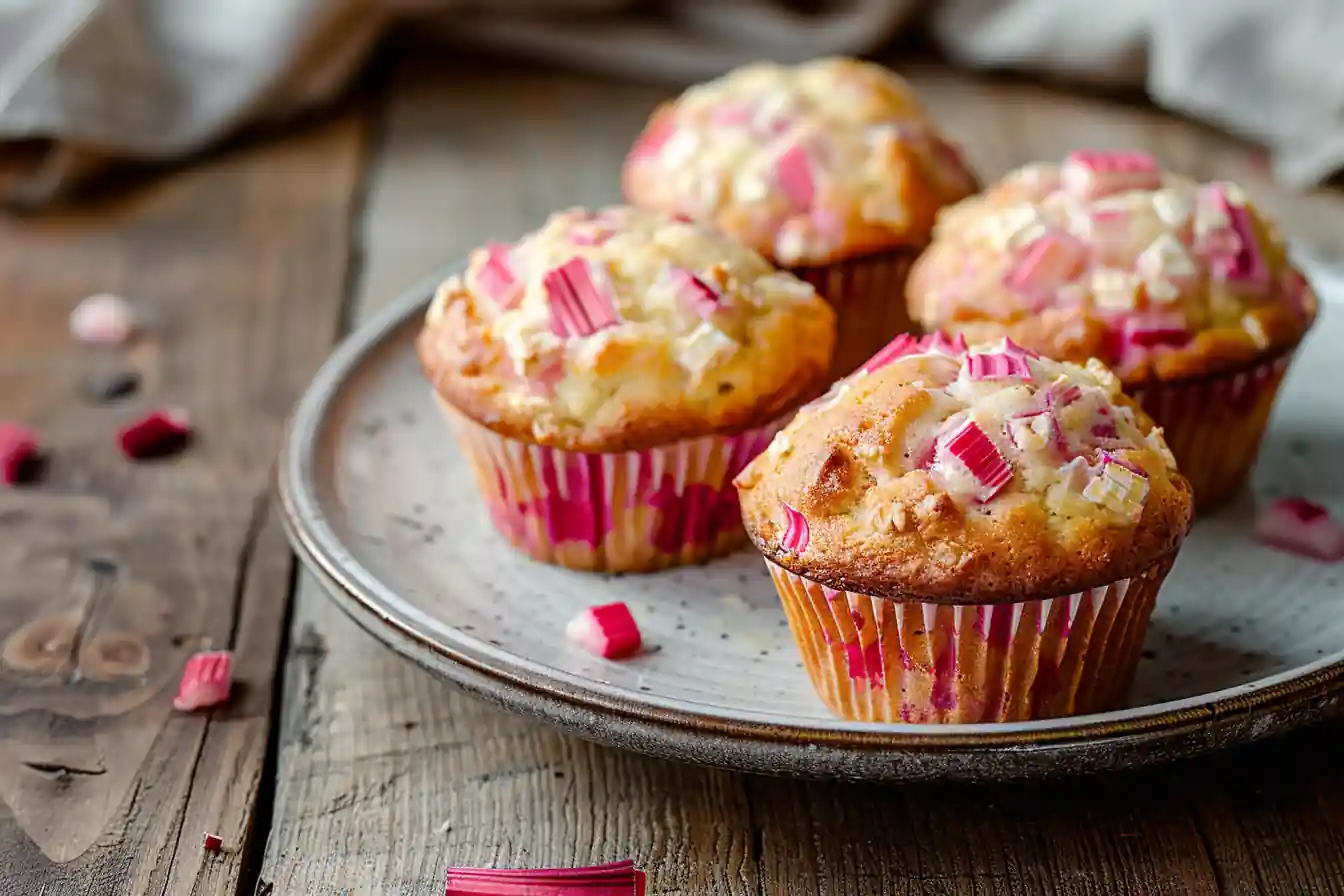 Golden rhubarb muffins fresh out of the oven