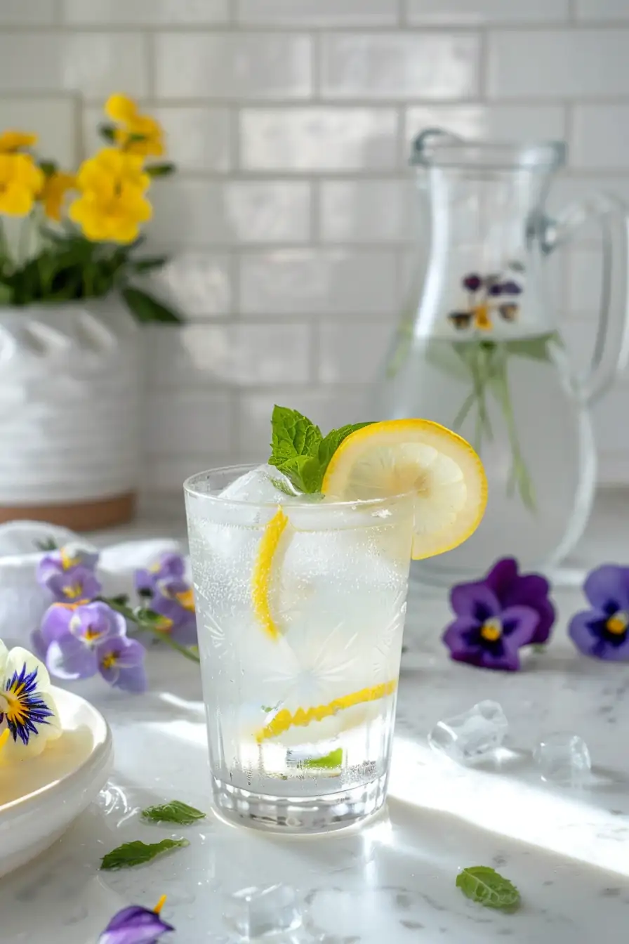 Glass of served ice water hack recipe with lemon slice and mint garnish
