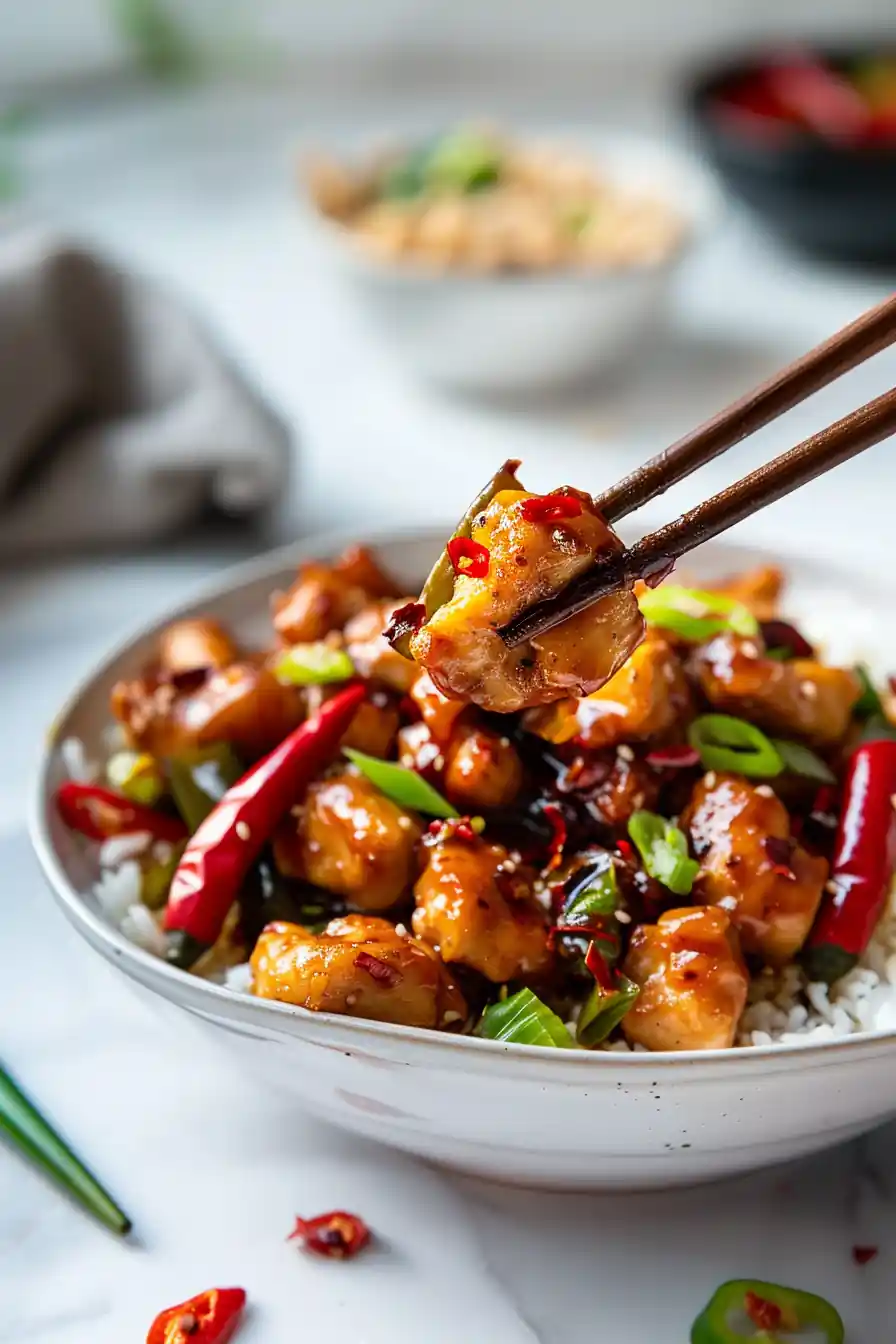 Chopsticks lifting a bite of low carb kung pao chicken recipe from a white bowl