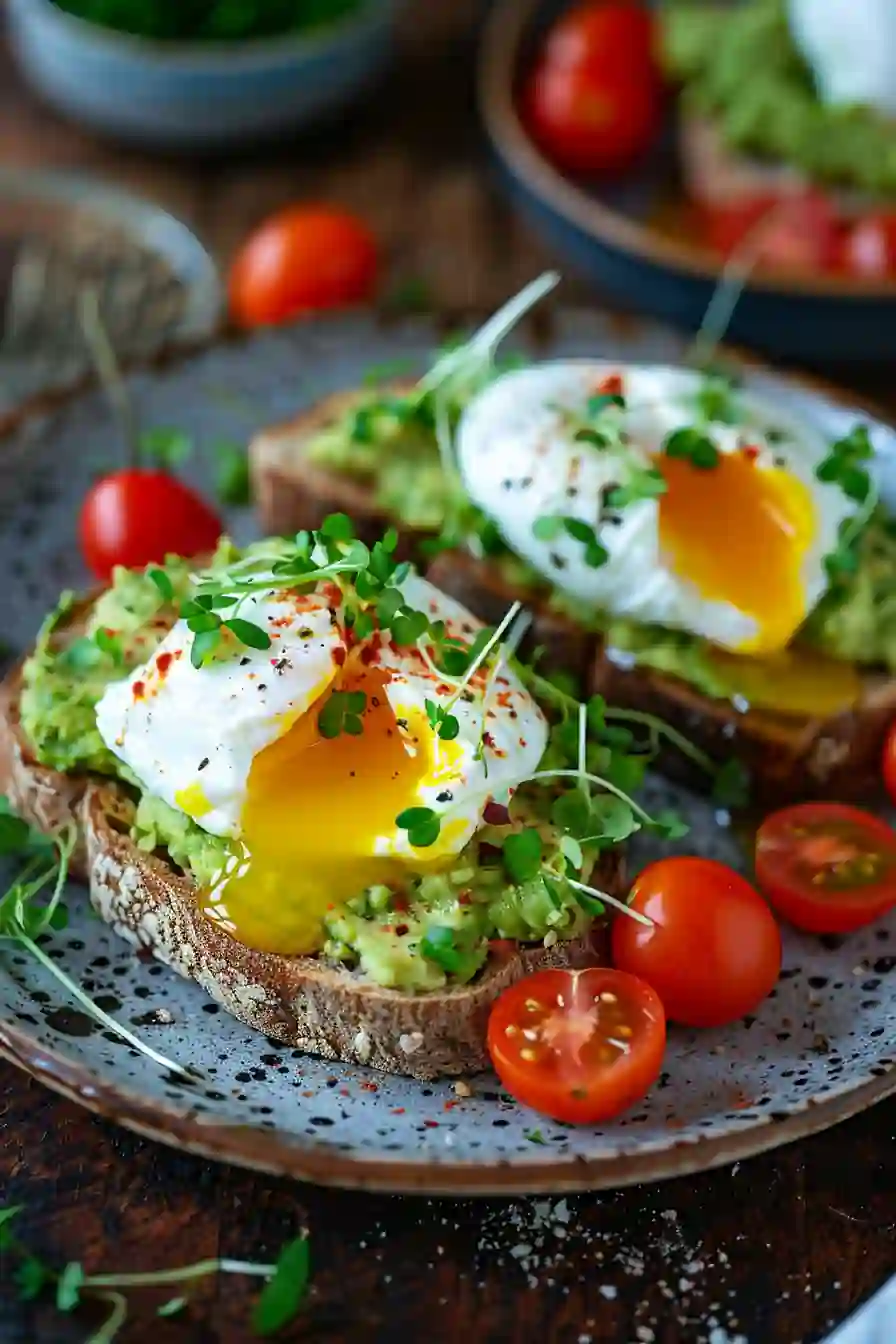 Sourdough avocado toast topped with poached egg and cherry tomatoes