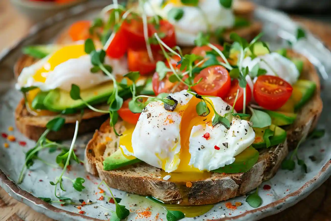 Sourdough bread for avocado toast topped with poached egg, tomatoes, and microgreens