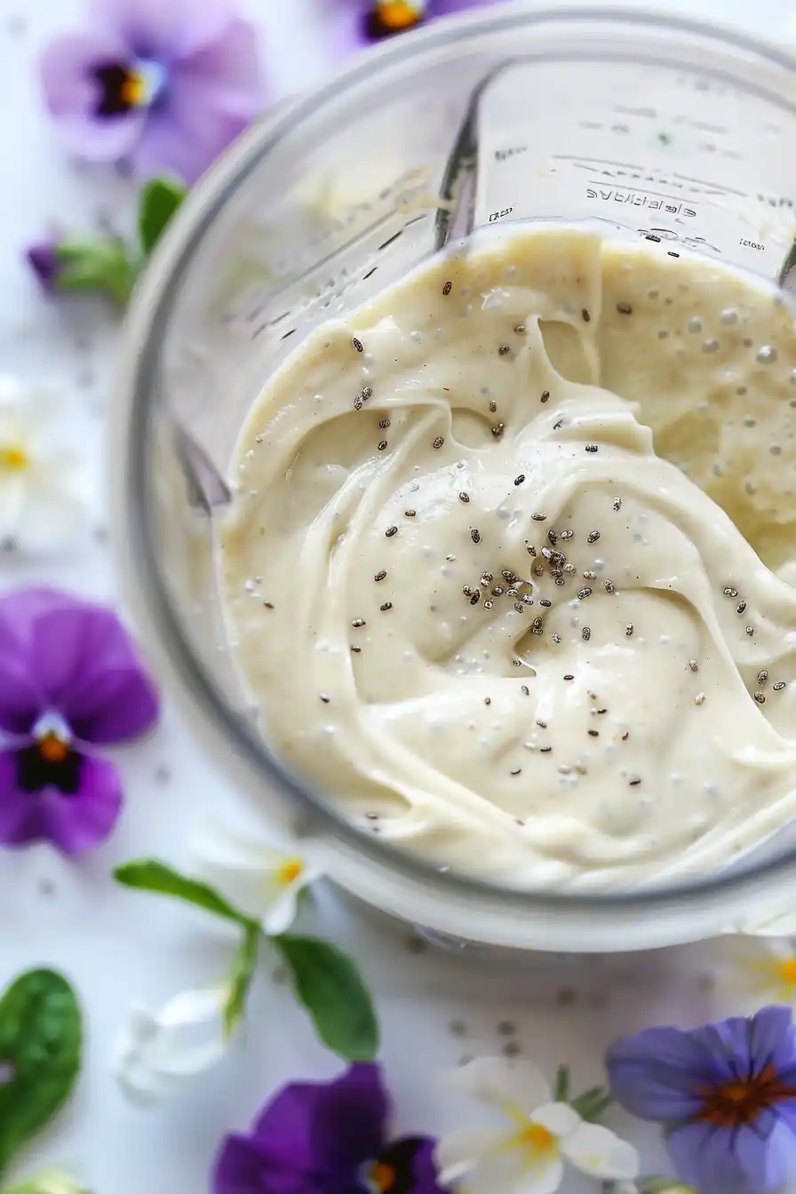 Blended sticky toffee chia pudding base with coconut yogurt and chia seeds
