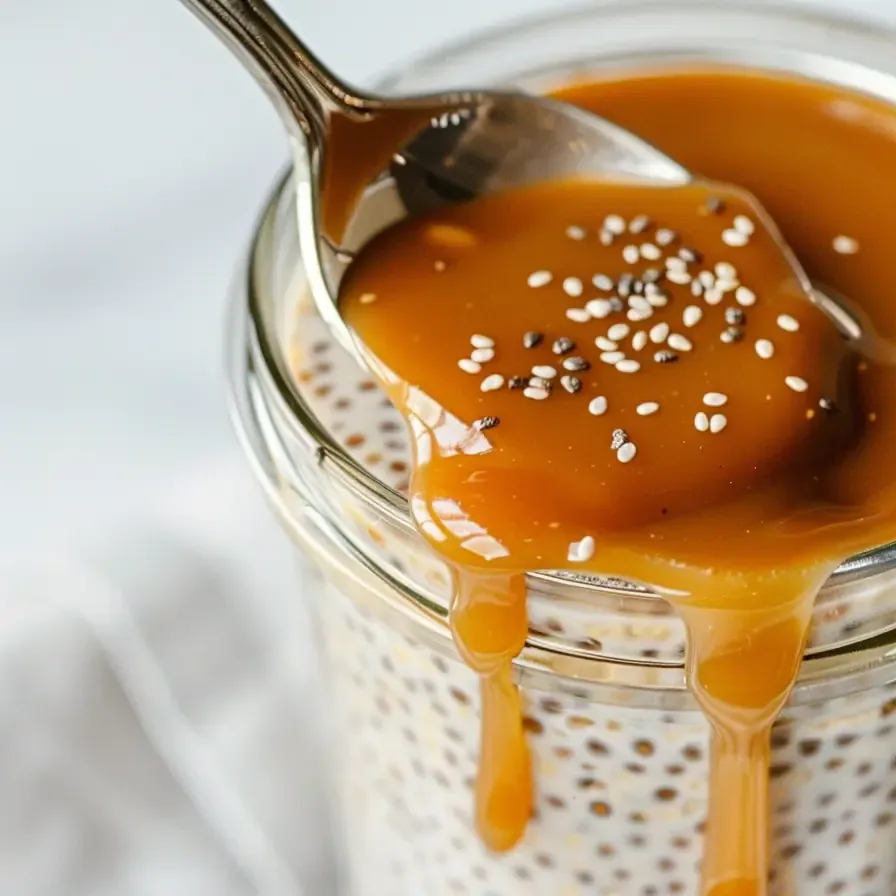 Caramel dripping from spoon into sticky toffee chia pudding