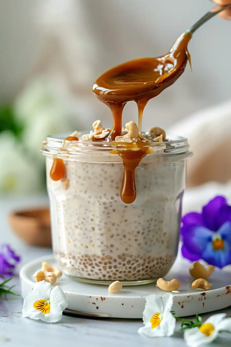 Caramel being drizzled over sticky toffee chia pudding in a jar