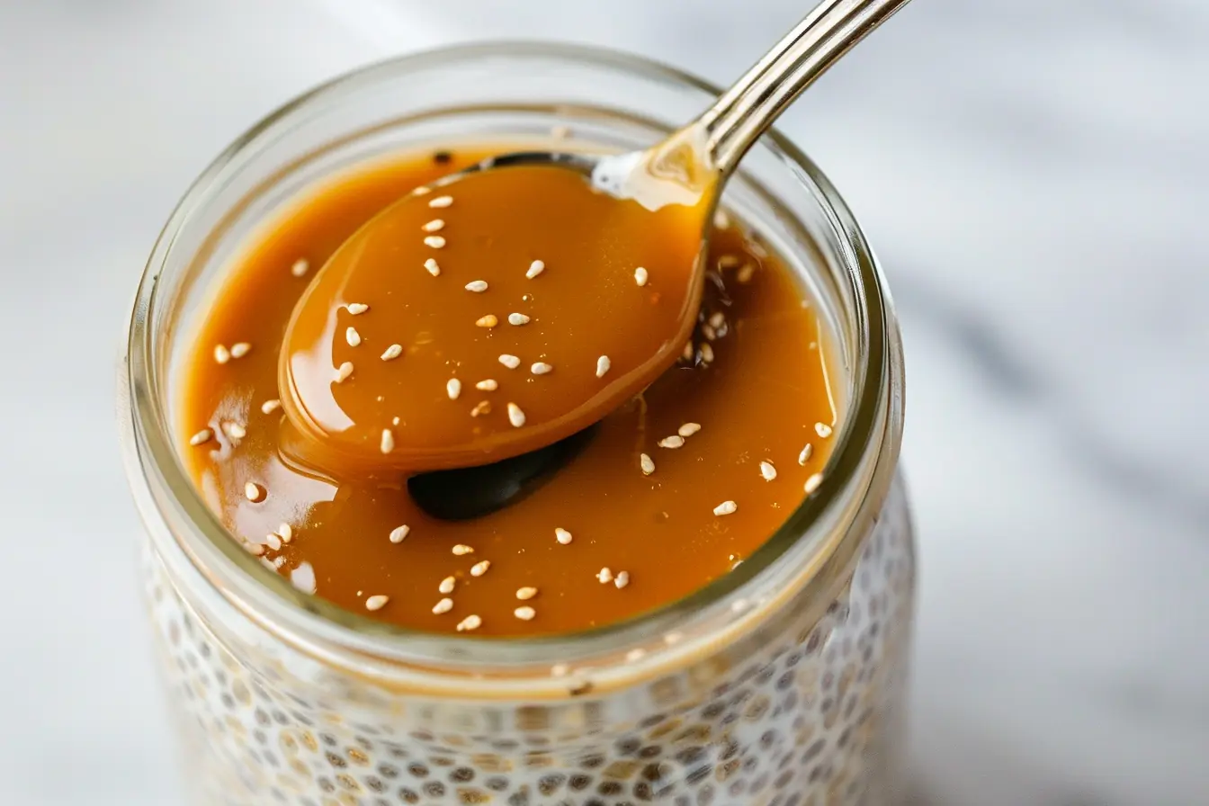 Spoonful of sticky toffee chia pudding recipe with thick caramel sauce