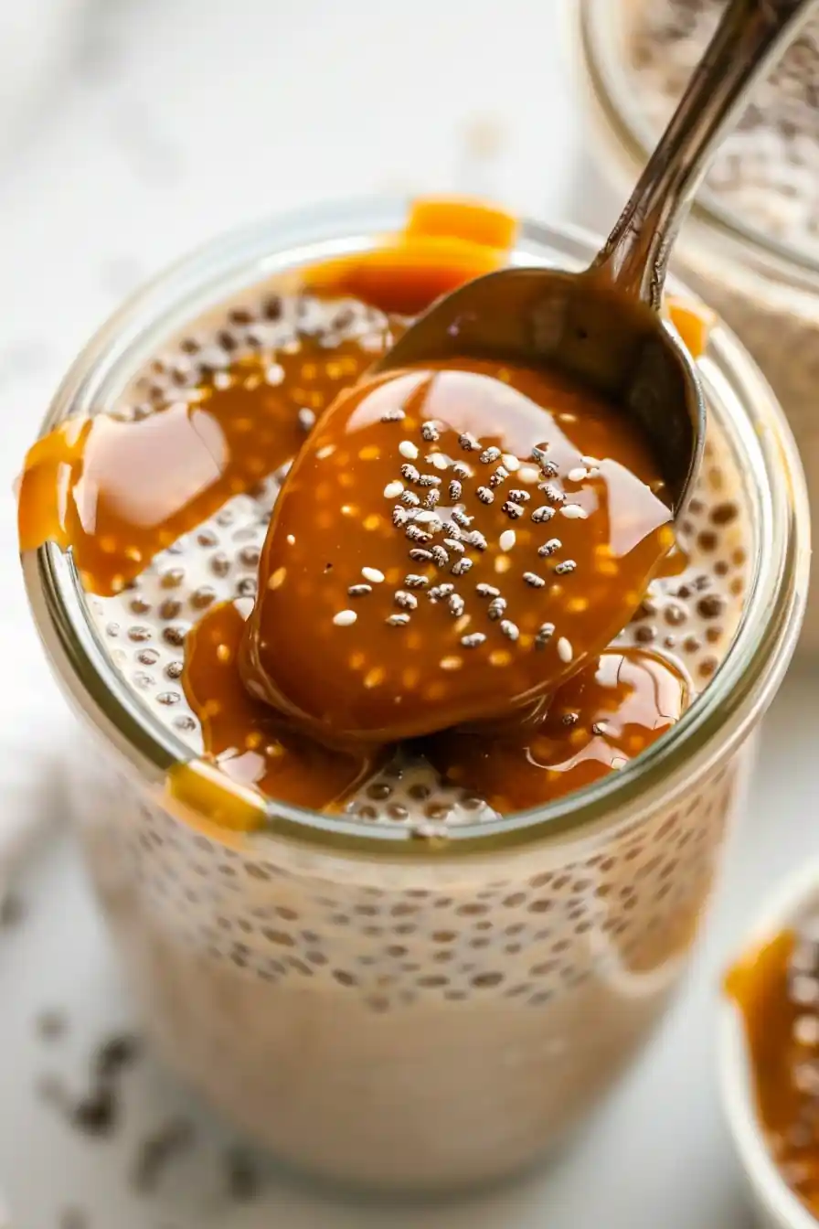Spoon dipping into sticky toffee chia pudding recipe showing creamy caramel layer