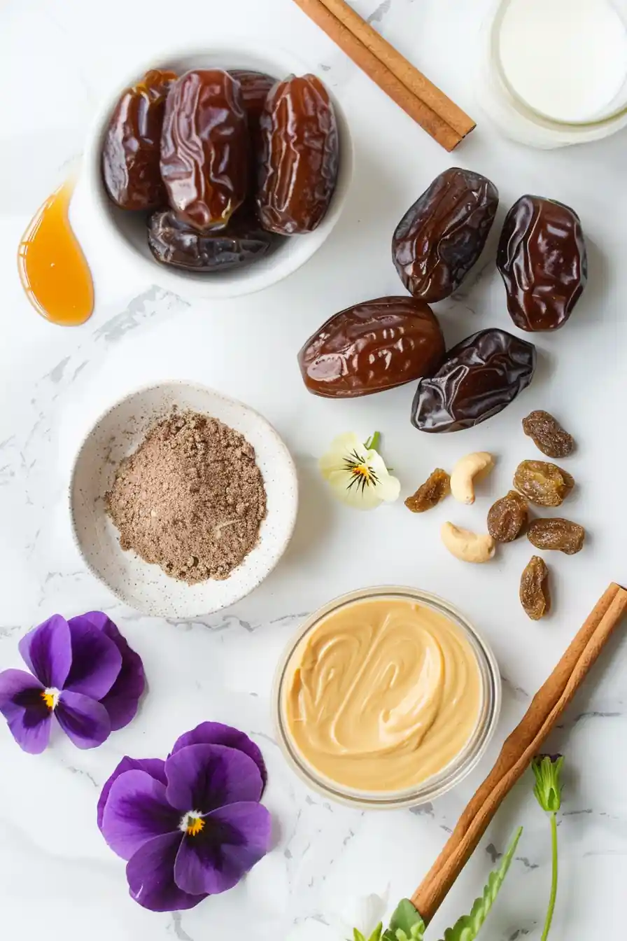 Ingredients for sticky toffee chia pudding including dates, chia seeds, and cashew butter