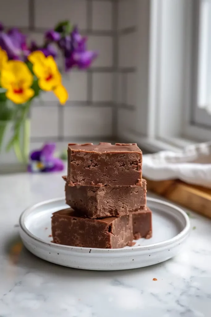 High-Protein Cottage Cheese Fudge 10 TikTok-style high-protein cottage cheese fudge cubes stacked with natural lighting and flowers