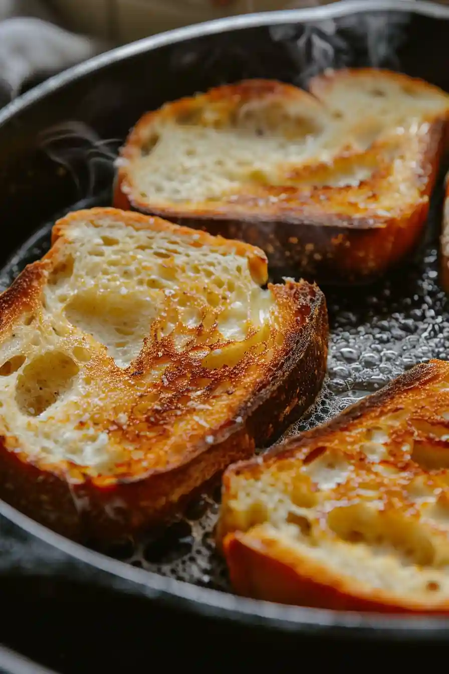 Slices of sourdough bread toasting in a pan for avocado toast