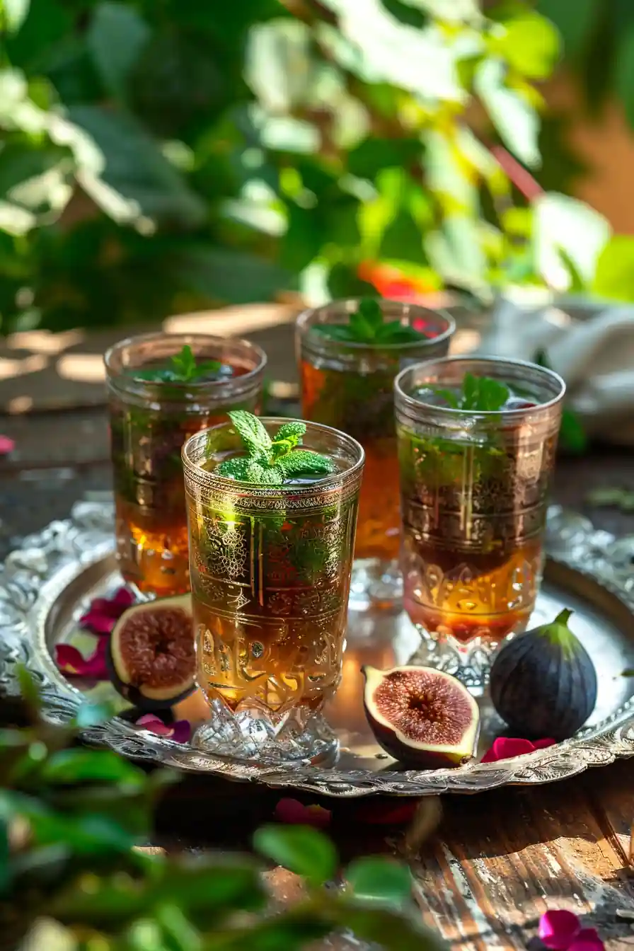 Traditional Moroccan mint tea served with figs on a rustic tray