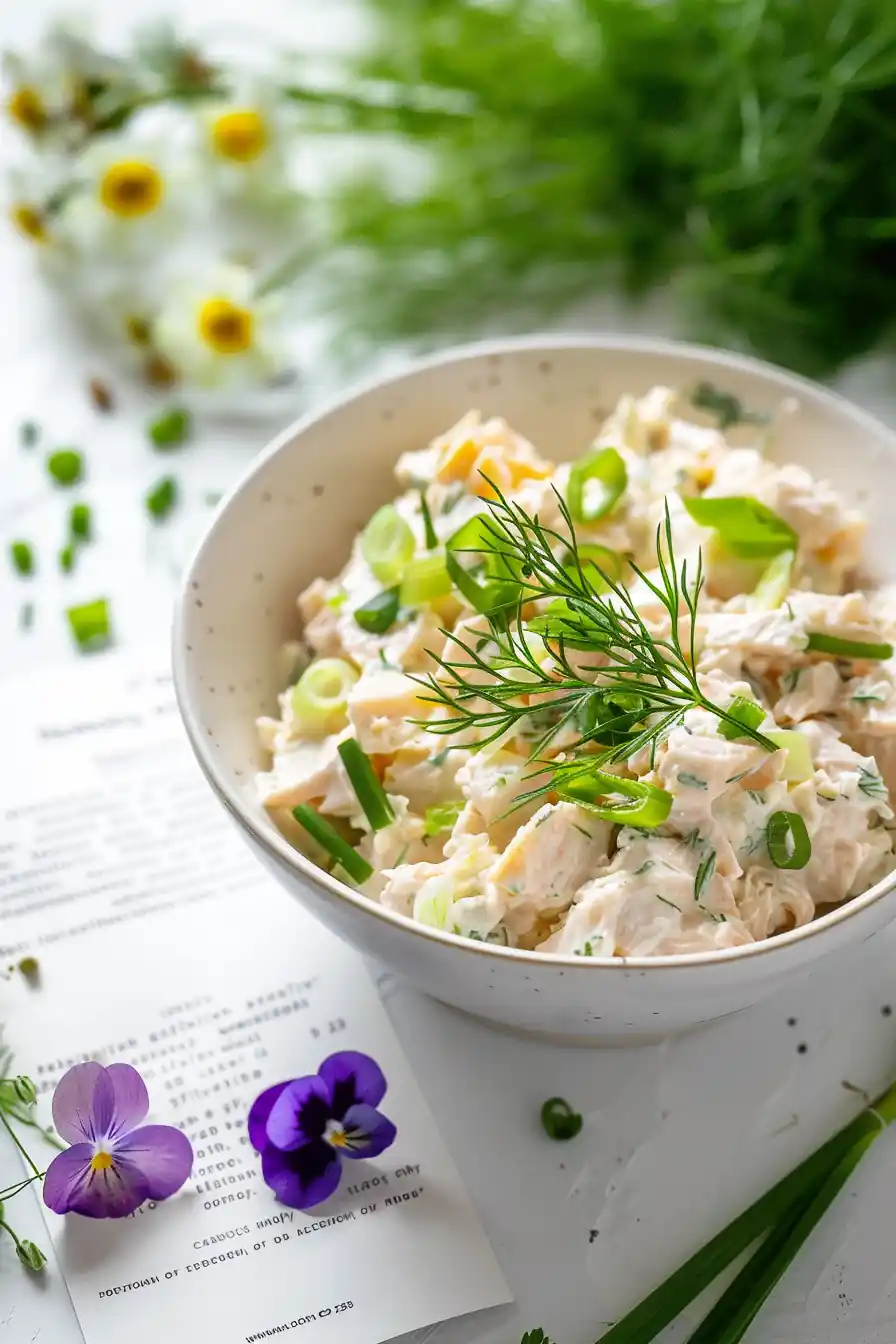 Bowl of tuna fish with cottage cheese with dill on top