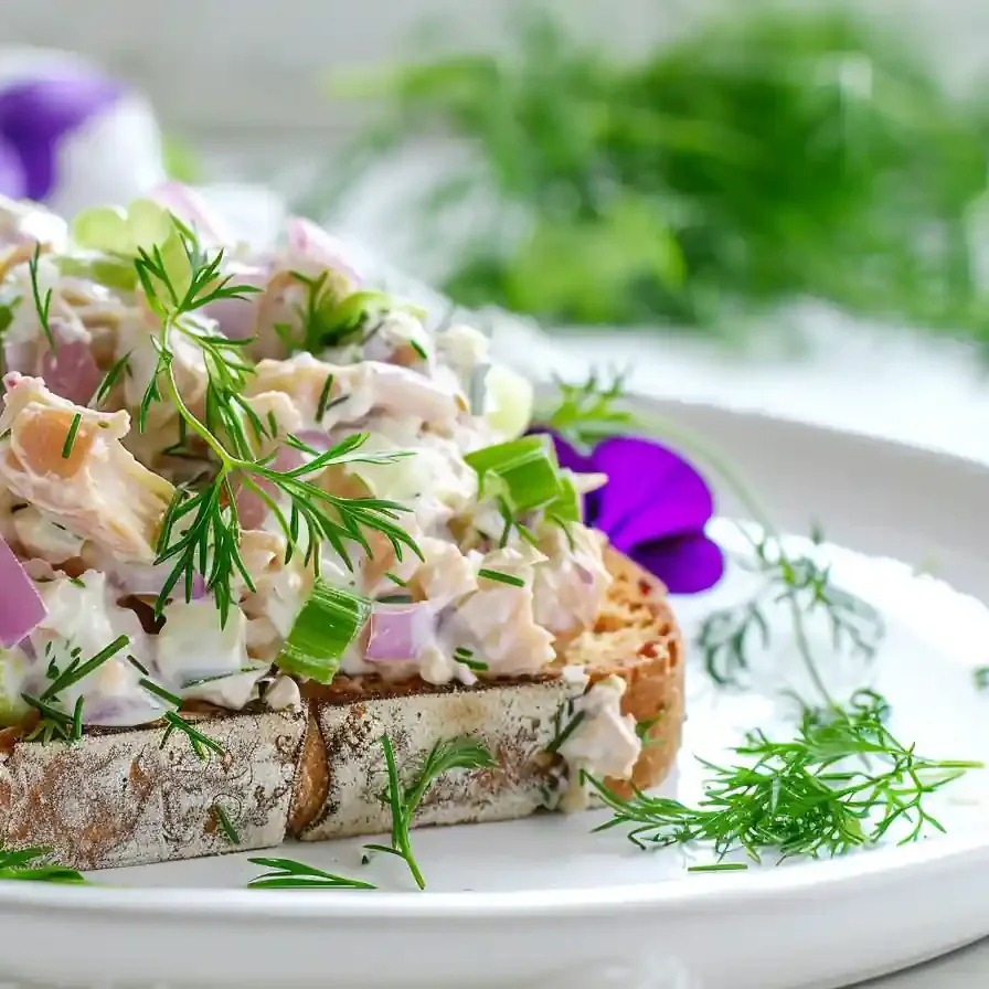 Tuna fish with cottage cheese on toast with dill and fresh herbs