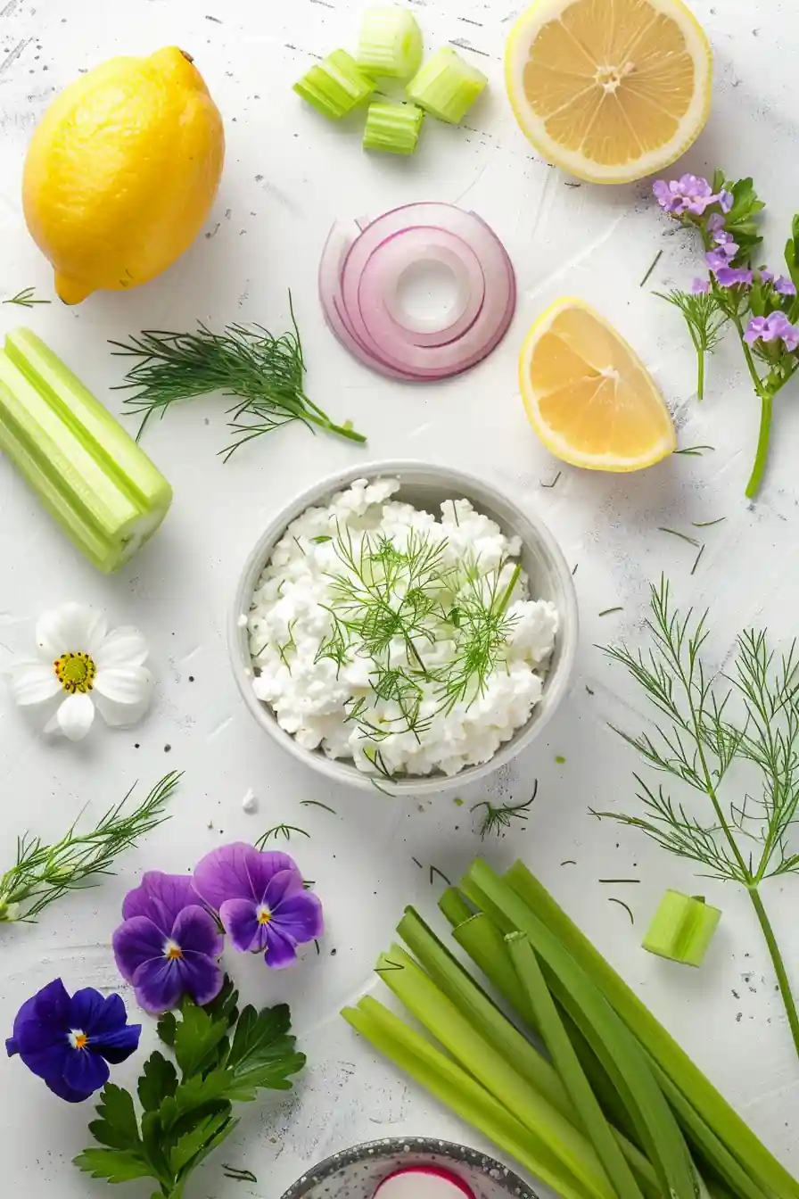 Flat lay of ingredients for tuna fish with cottage cheese recipe