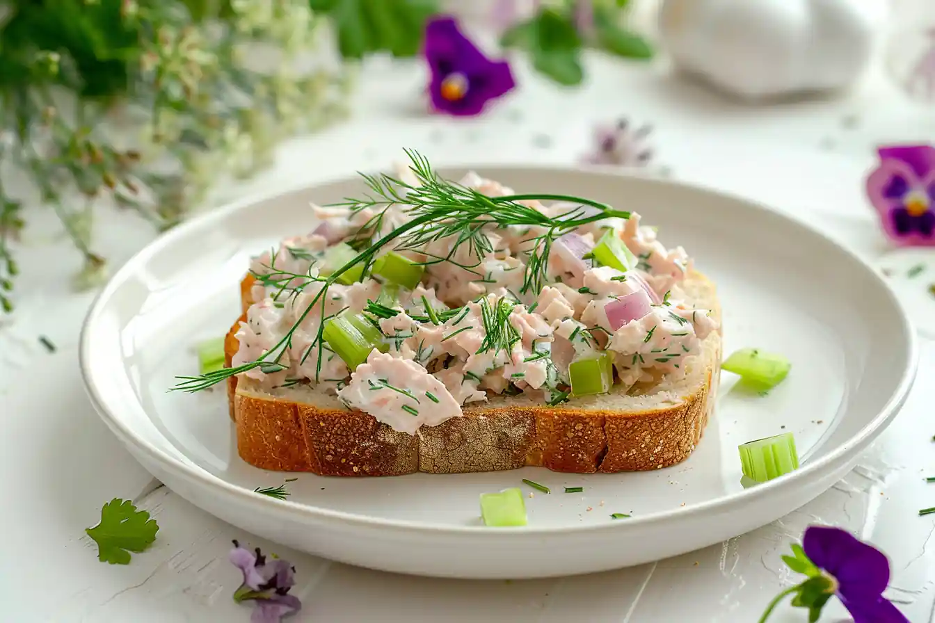 Open-faced tuna fish with cottage cheese sandwich on white bread with dill