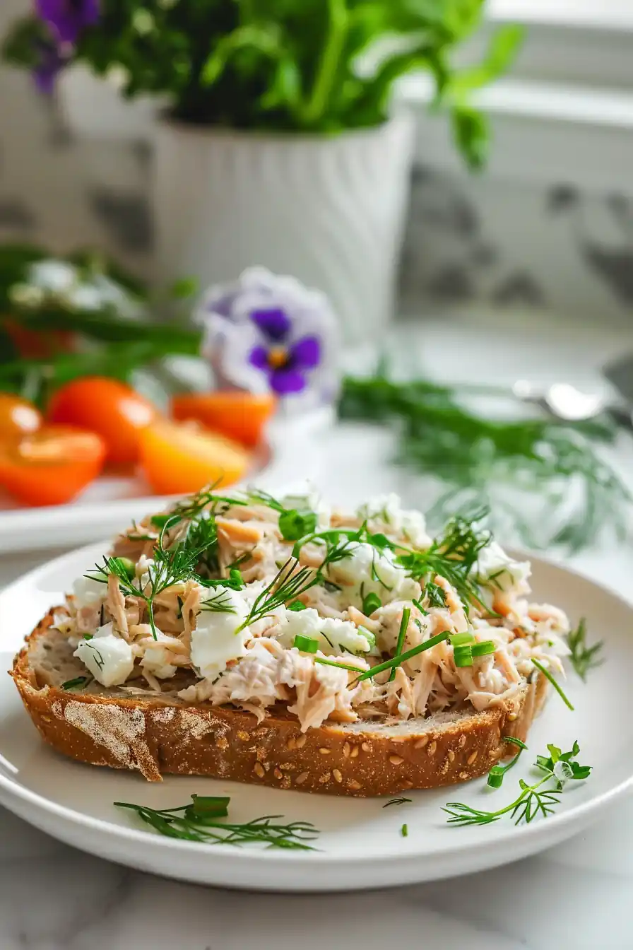 Healthy lunch of tuna fish with cottage cheese on toast